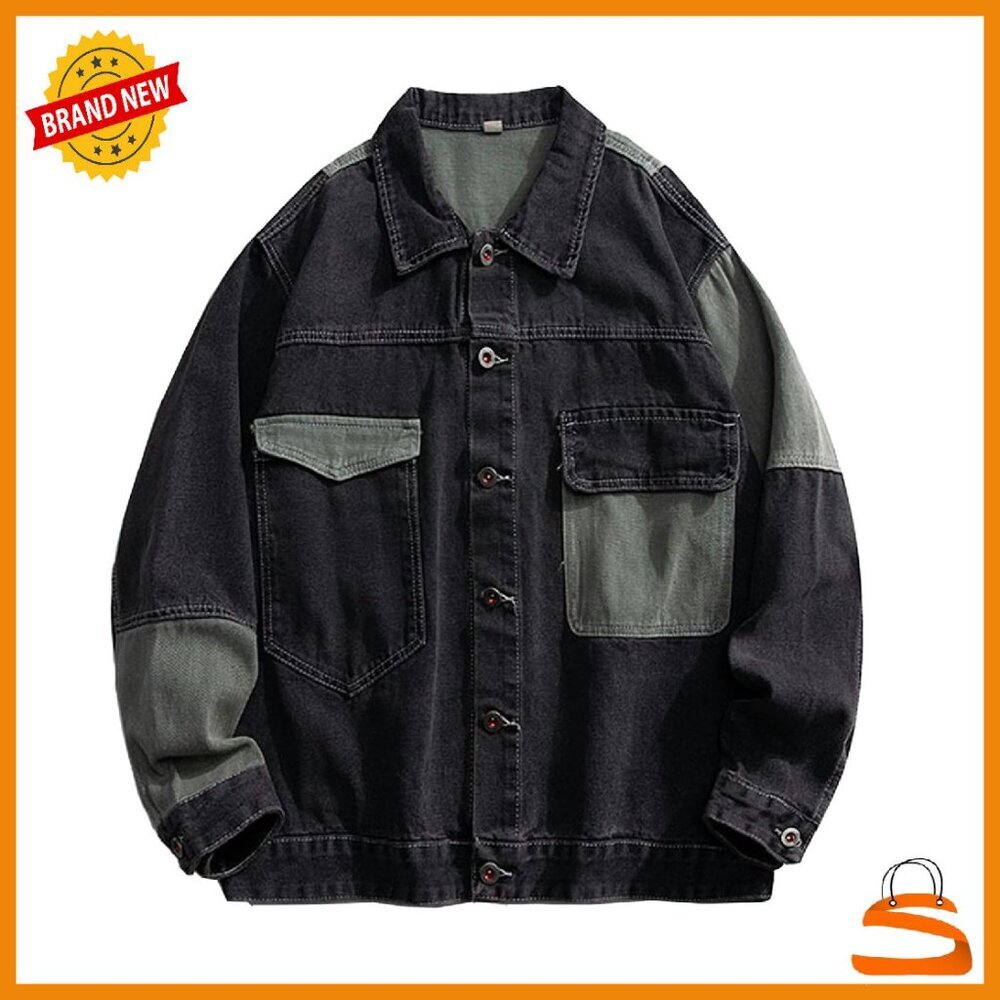 Oversized Denim Jacket Mens Button Down Coat Patchwork Streetwear